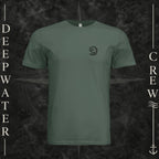 Pine Deepwater Crew Co. Hooked crewneck T-shirt, front view with small DC wave crest chest logo.