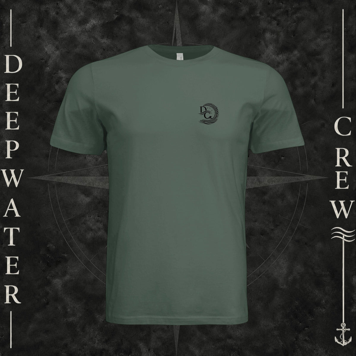 Pine Deepwater Crew Co. Hooked crewneck T-shirt, front view with small DC wave crest chest logo.