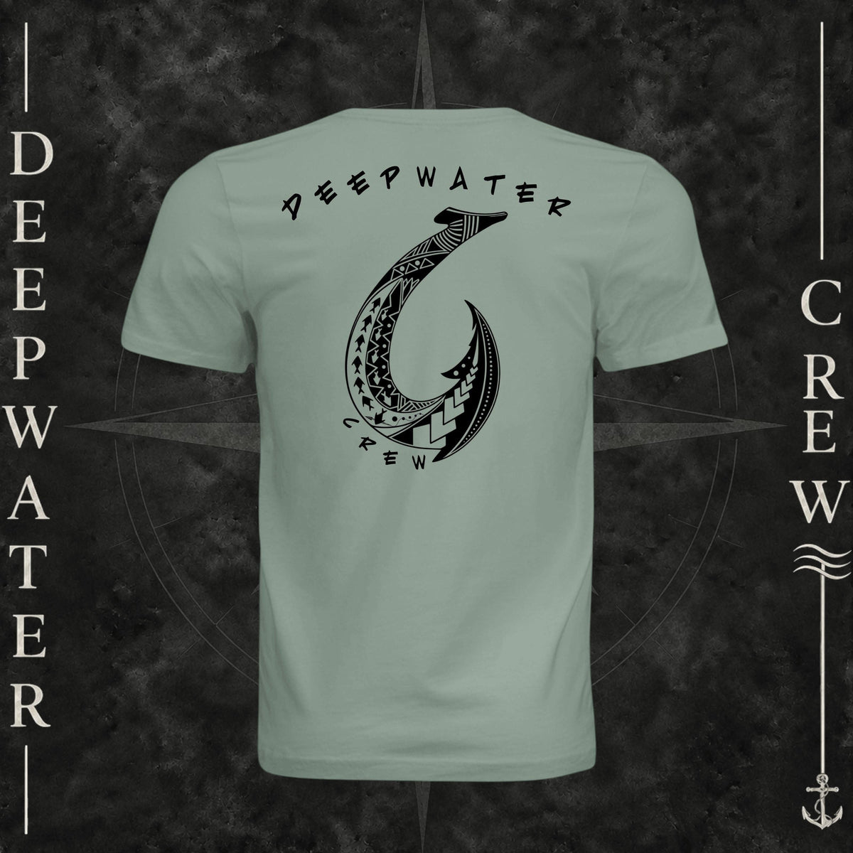 Sage Deepwater Crew Co. Hooked crewneck T-shirt, back view with large tribal-style fish hook graphic and Deepwater Crew lettering.