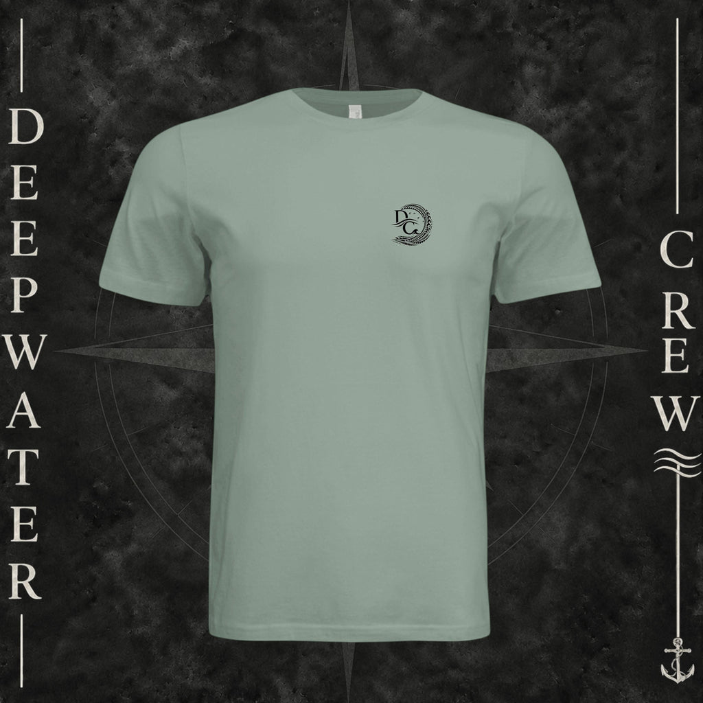 Sage Deepwater Crew Co. Hooked crewneck T-shirt, front view with small DC wave crest chest logo.