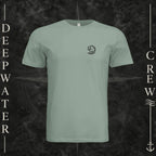 Sage Deepwater Crew Co. Hooked crewneck T-shirt, front view with small DC wave crest chest logo.