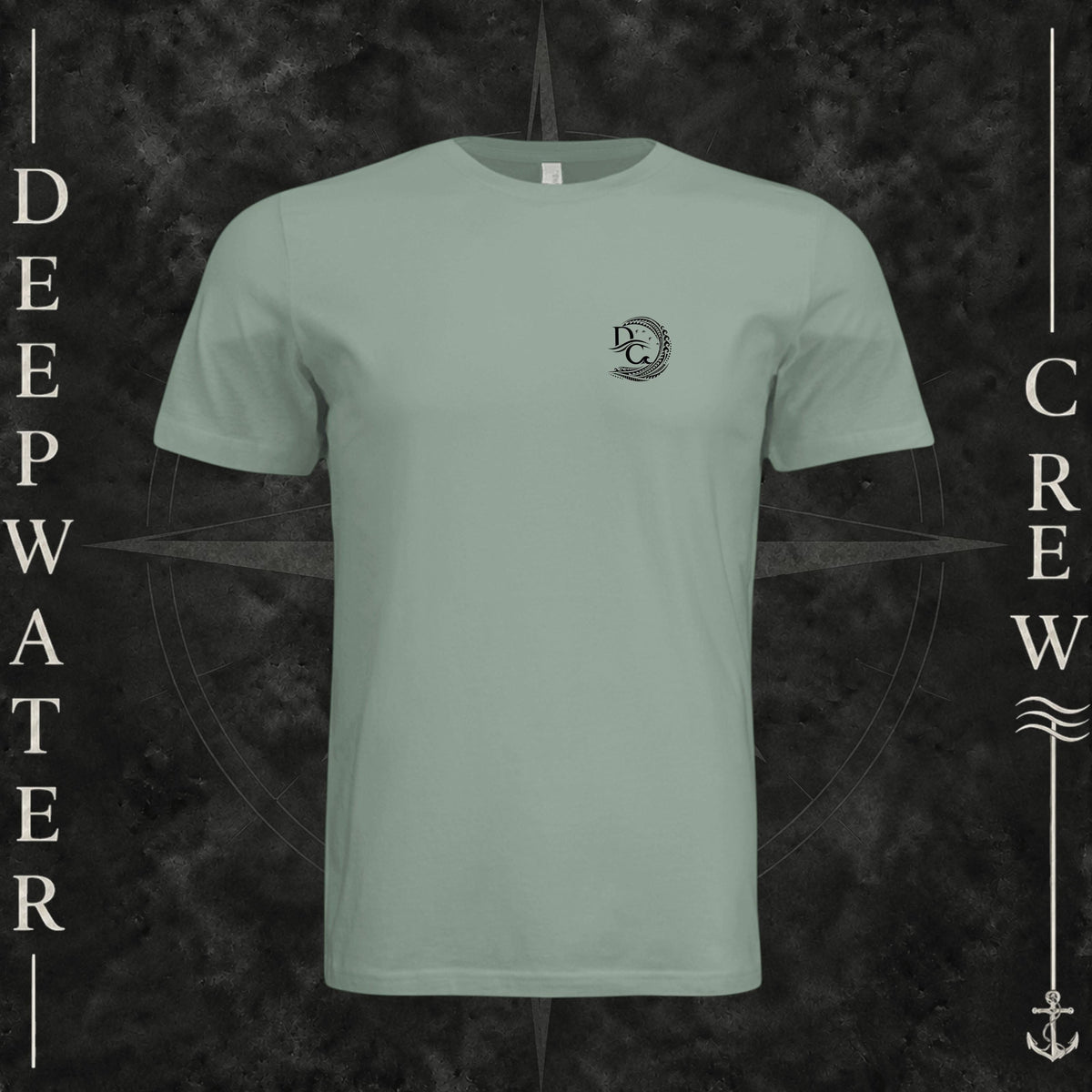 Sage Deepwater Crew Co. Hooked crewneck T-shirt, front view with small DC wave crest chest logo.