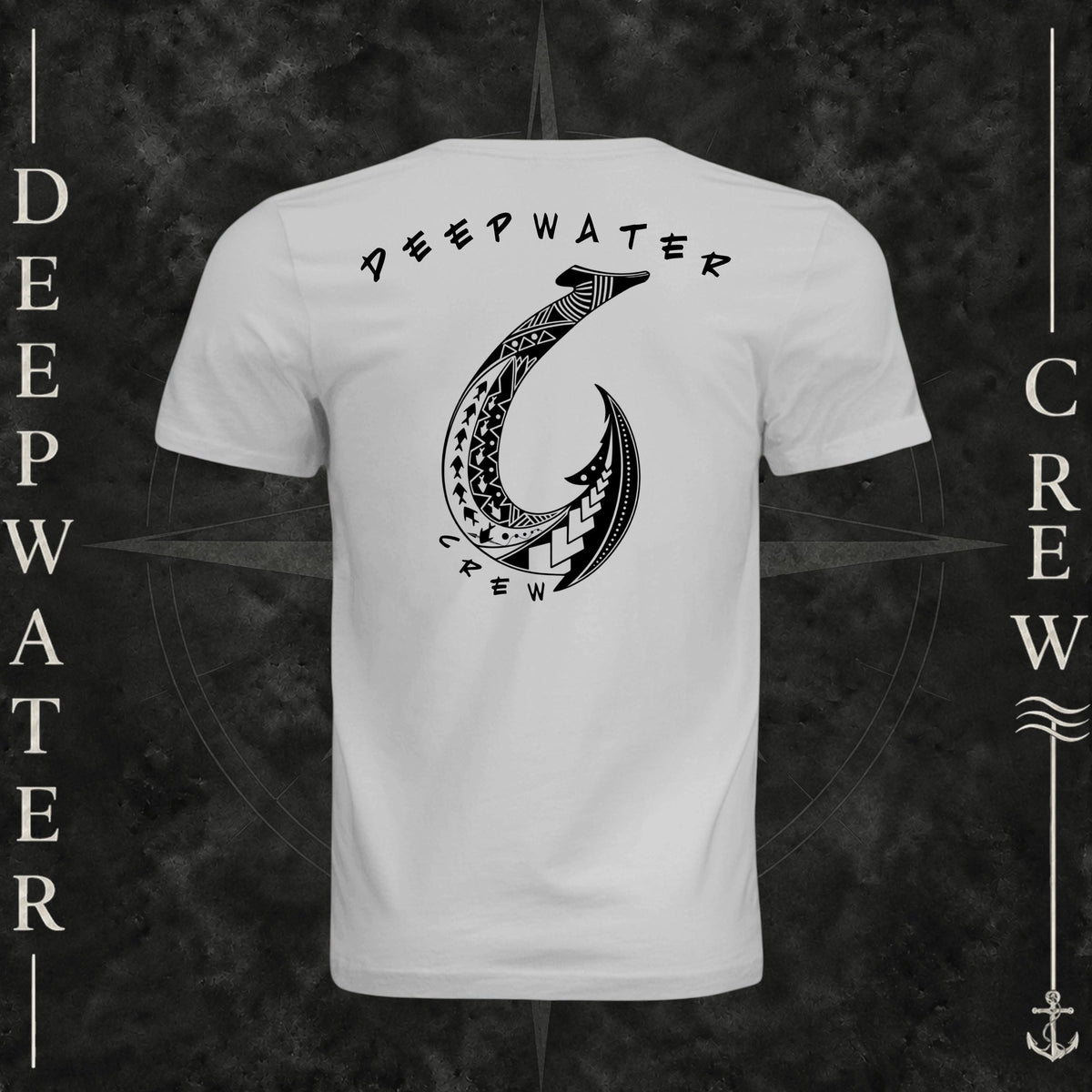 Silver Deepwater Crew Co. Hooked crewneck T-shirt, back view with large tribal-style fish hook graphic and Deepwater Crew lettering.