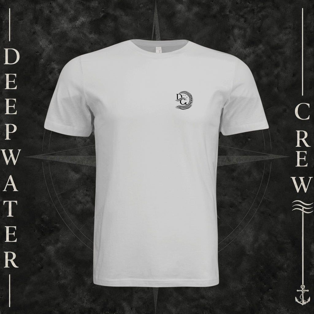 Silver Deepwater Crew Co. Hooked crewneck T-shirt, front view with small DC wave crest chest logo.