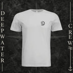 Silver Deepwater Crew Co. Hooked crewneck T-shirt, front view with small DC wave crest chest logo.