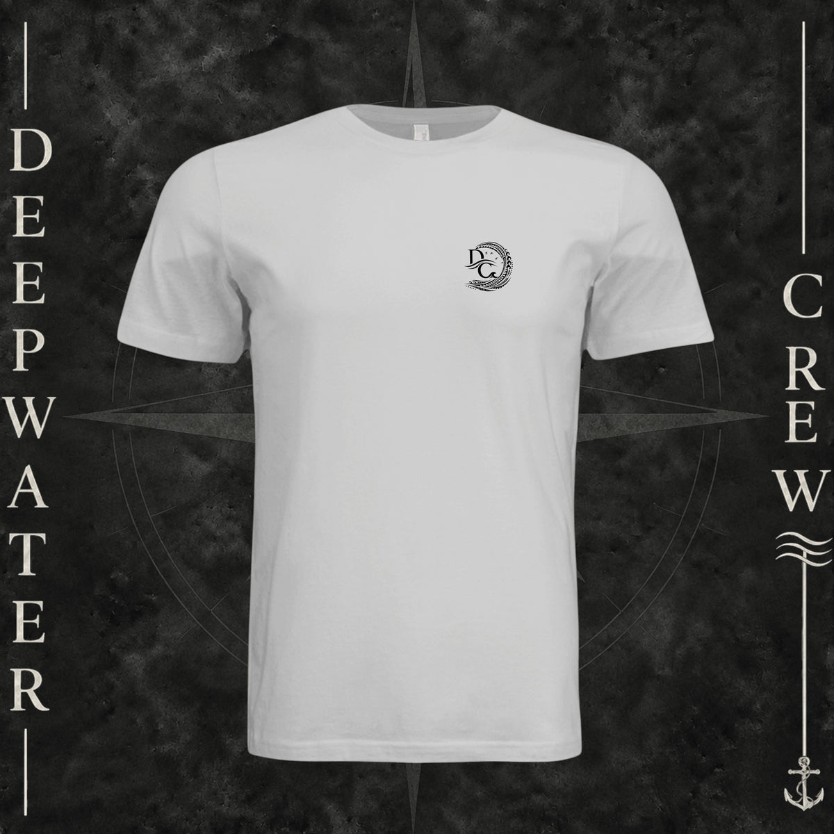Silver Deepwater Crew Co. Hooked crewneck T-shirt, front view with small DC wave crest chest logo.