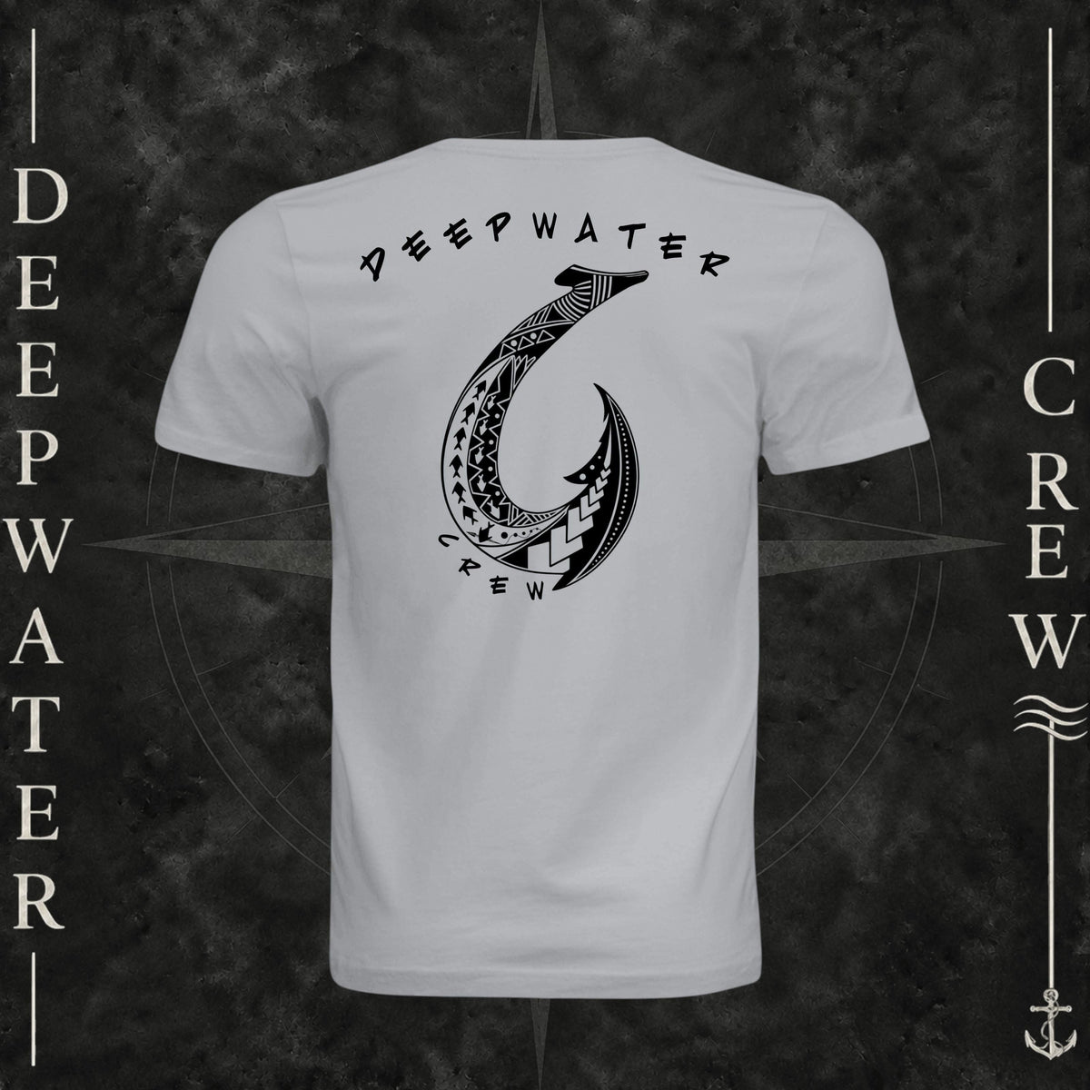 Solid Athletic Gray Deepwater Crew Co. Hooked crewneck T-shirt, back view with large tribal-style fish hook graphic and Deepwater Crew lettering.
