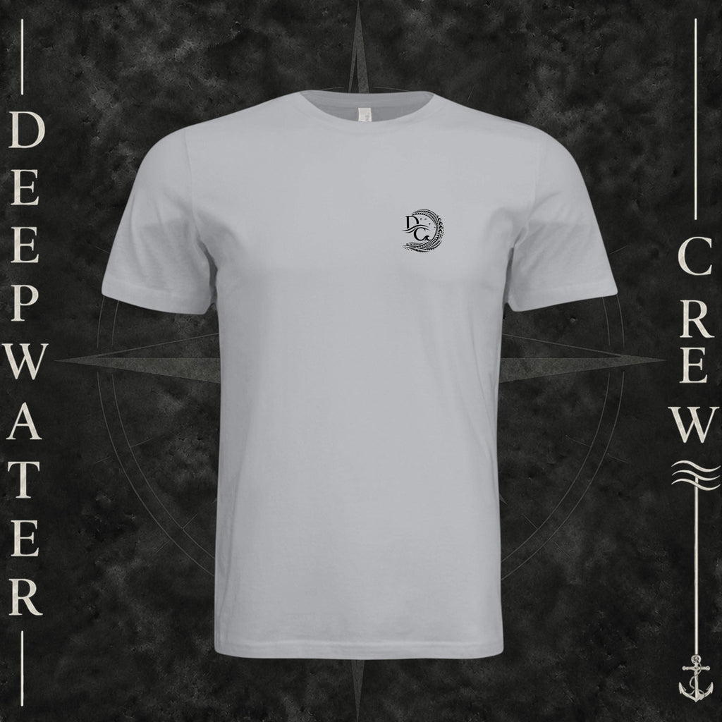 Solid Athletic Gray Deepwater Crew Co. Hooked crewneck T-shirt, front view with small DC wave crest chest logo.
