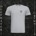 Solid Athletic Gray Deepwater Crew Co. Hooked crewneck T-shirt, front view with small DC wave crest chest logo.