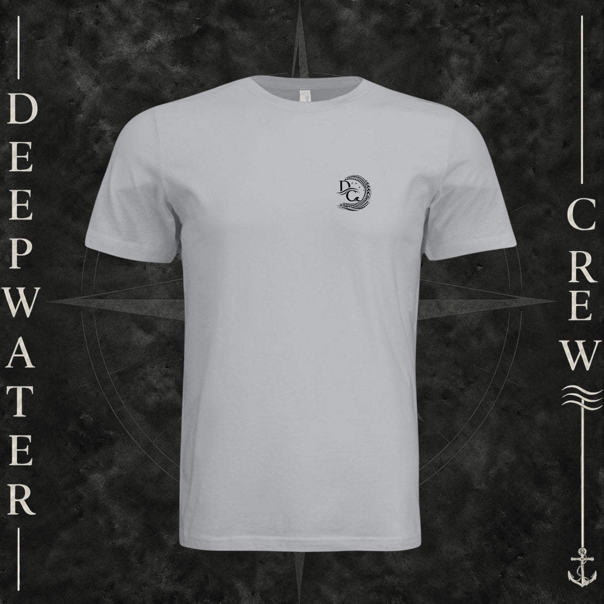 Solid Athletic Gray Deepwater Crew Co. Hooked crewneck T-shirt, front view with small DC wave crest chest logo.