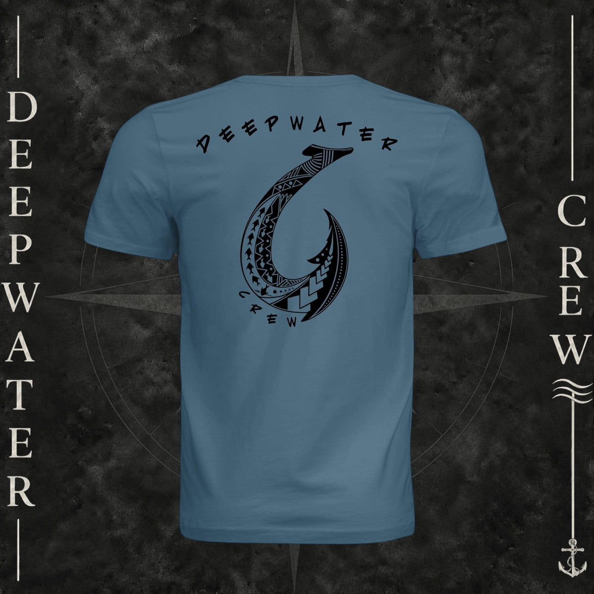 Steel Blue Deepwater Crew Co. Hooked crewneck T-shirt, back view with large tribal-style fish hook graphic and Deepwater Crew lettering.