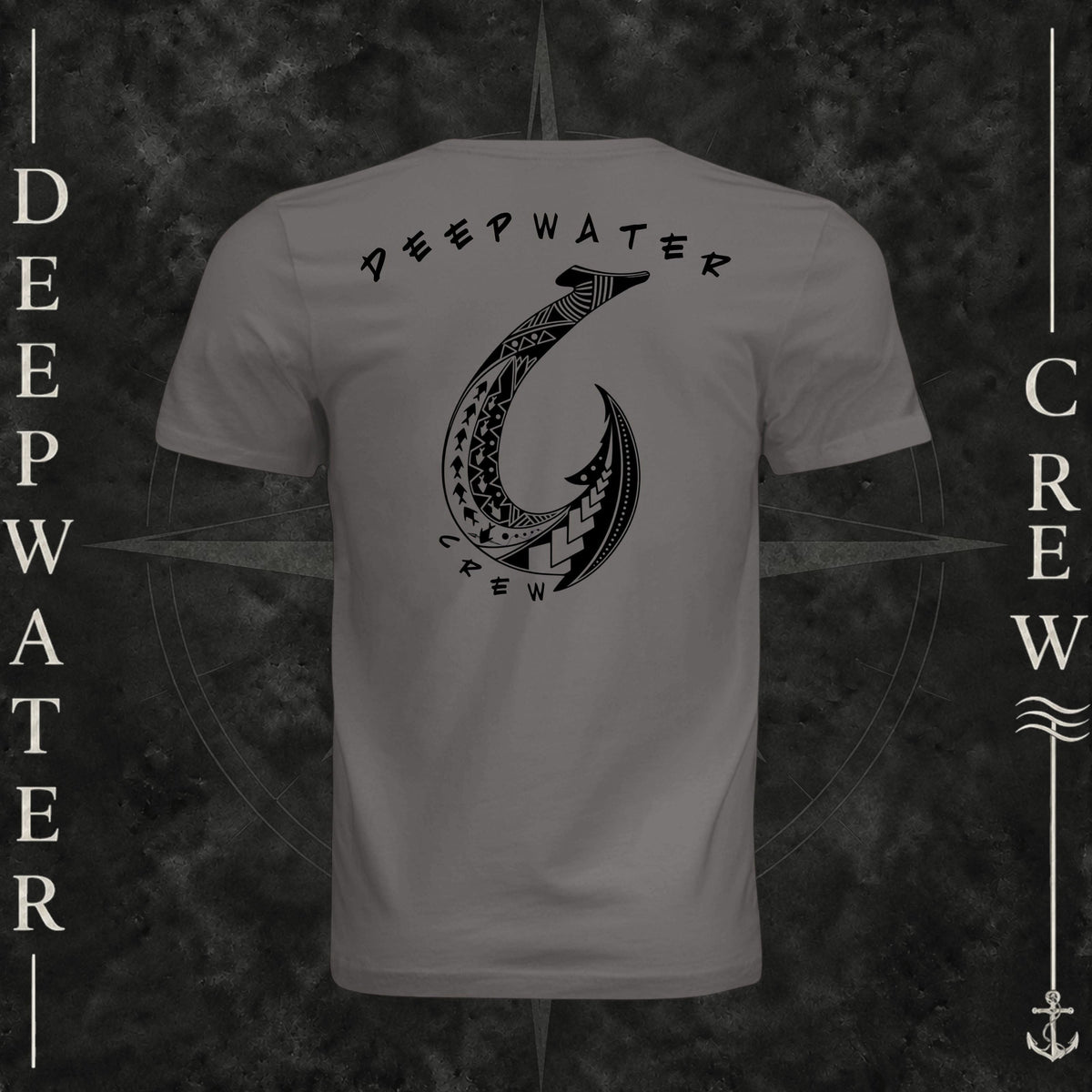 Storm Deepwater Crew Co. Hooked crewneck T-shirt, back view with large tribal-style fish hook graphic and Deepwater Crew lettering.