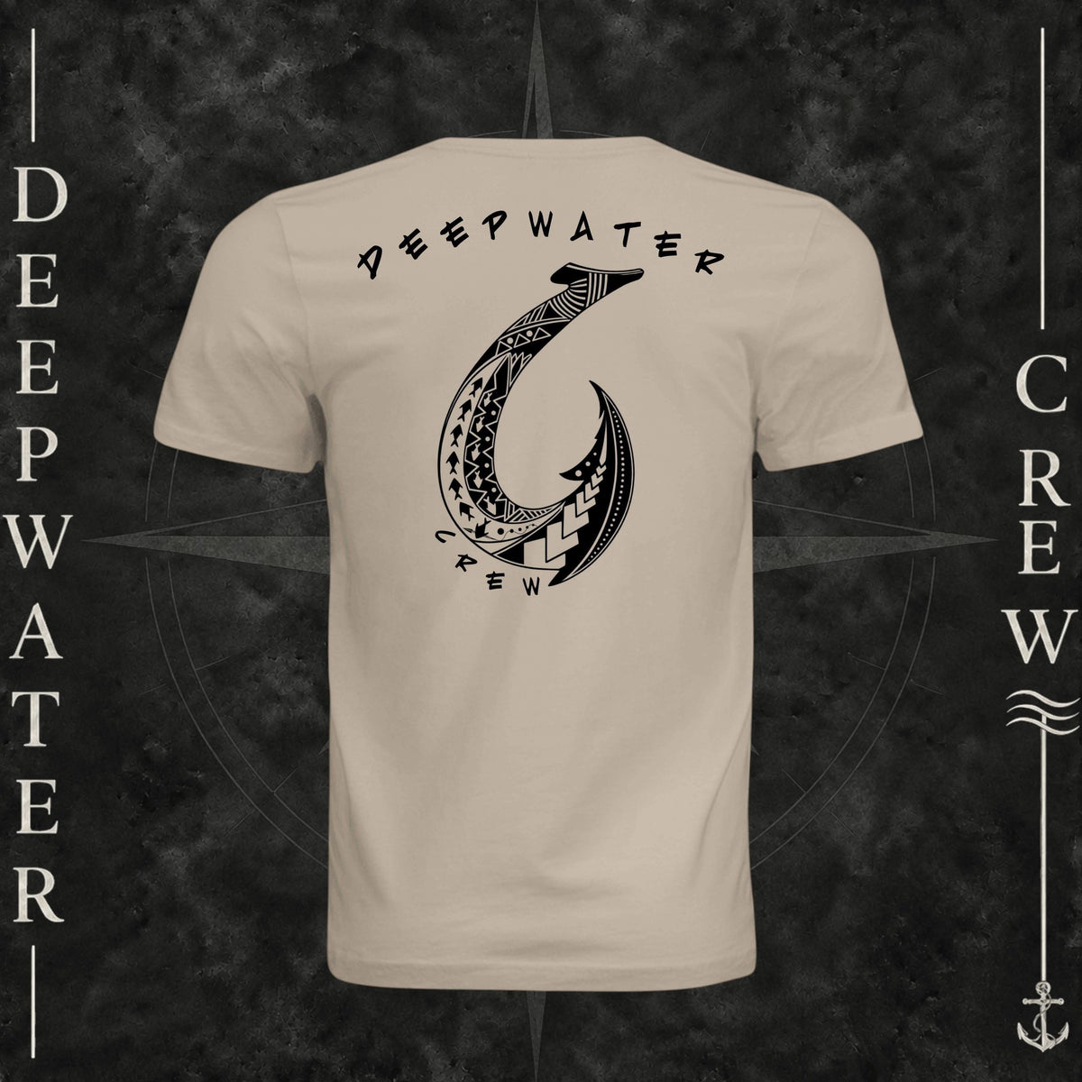 Tan Deepwater Crew Co. Hooked crewneck T-shirt, back view with large tribal-style fish hook graphic and Deepwater Crew lettering.
