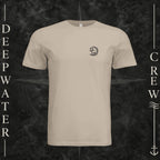 Tan Deepwater Crew Co. Hooked crewneck T-shirt, front view with small DC wave crest chest logo.