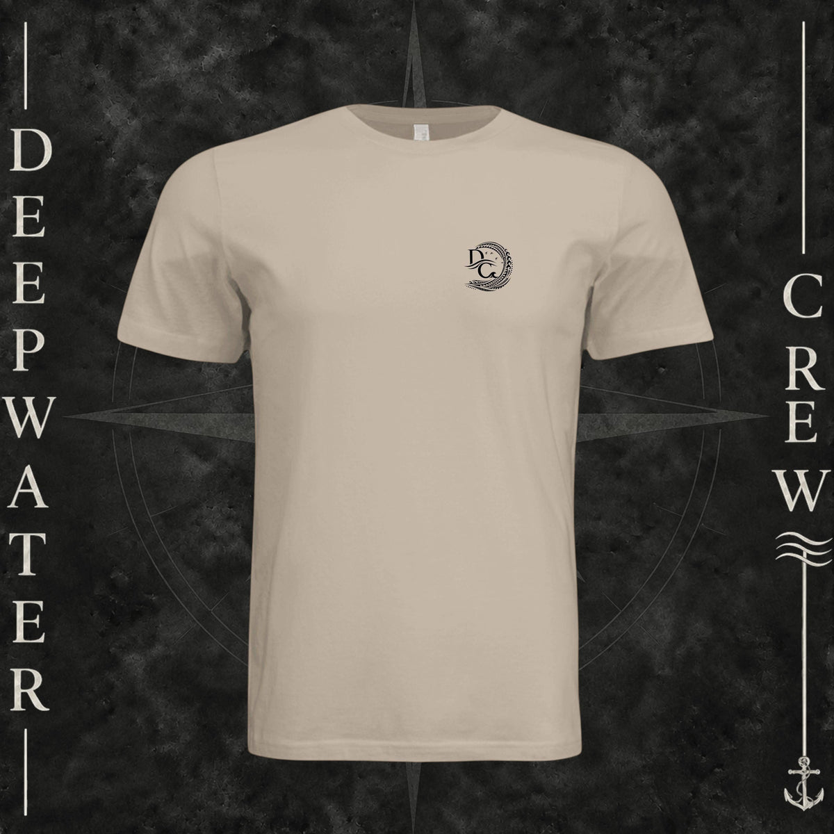 Tan Deepwater Crew Co. Hooked crewneck T-shirt, front view with small DC wave crest chest logo.