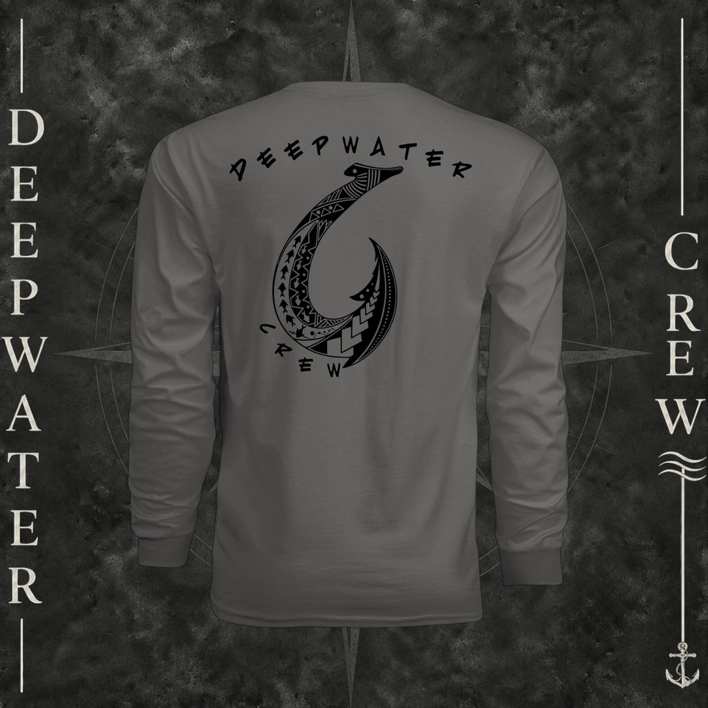 Graphite Deepwater Crew Co. Hooked UPF 44+ long-sleeve performance shirt, back view with large tribal-style fish hook graphic and Deepwater Crew lettering.