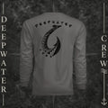Graphite Deepwater Crew Co. Hooked UPF 44+ long-sleeve performance shirt, back view with large tribal-style fish hook graphic and Deepwater Crew lettering.