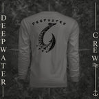 Graphite Deepwater Crew Co. Hooked UPF 44+ long-sleeve performance shirt, back view with large tribal-style fish hook graphic and Deepwater Crew lettering.
