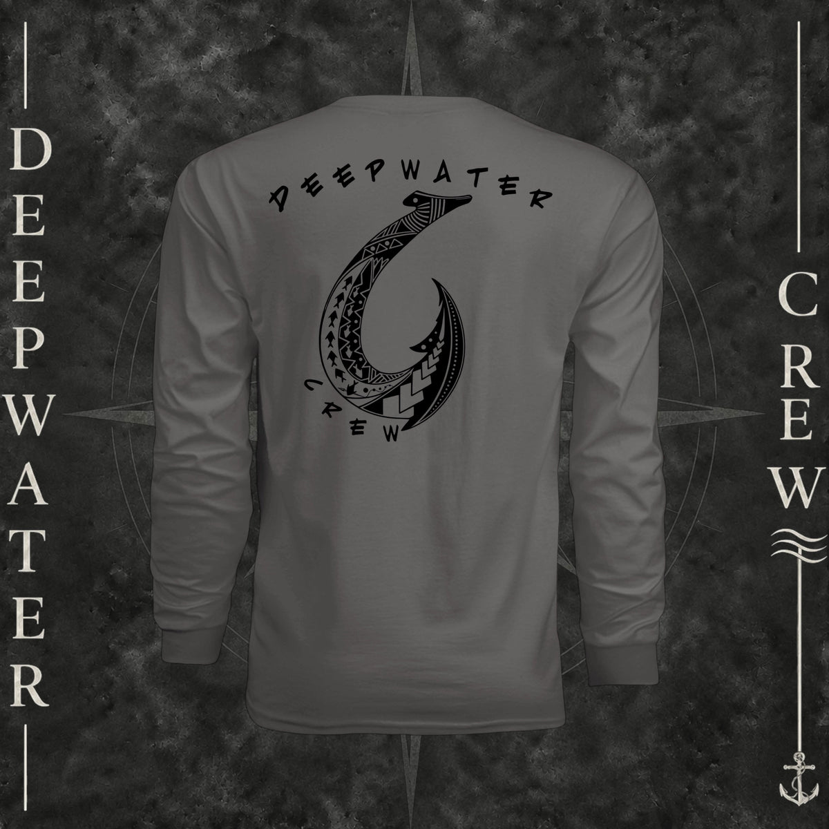 Graphite Deepwater Crew Co. Hooked UPF 44+ long-sleeve performance shirt, back view with large tribal-style fish hook graphic and Deepwater Crew lettering.
