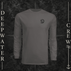 Graphite Deepwater Crew Co. Hooked UPF 44+ long-sleeve performance shirt, front view with small DC wave crest chest logo.