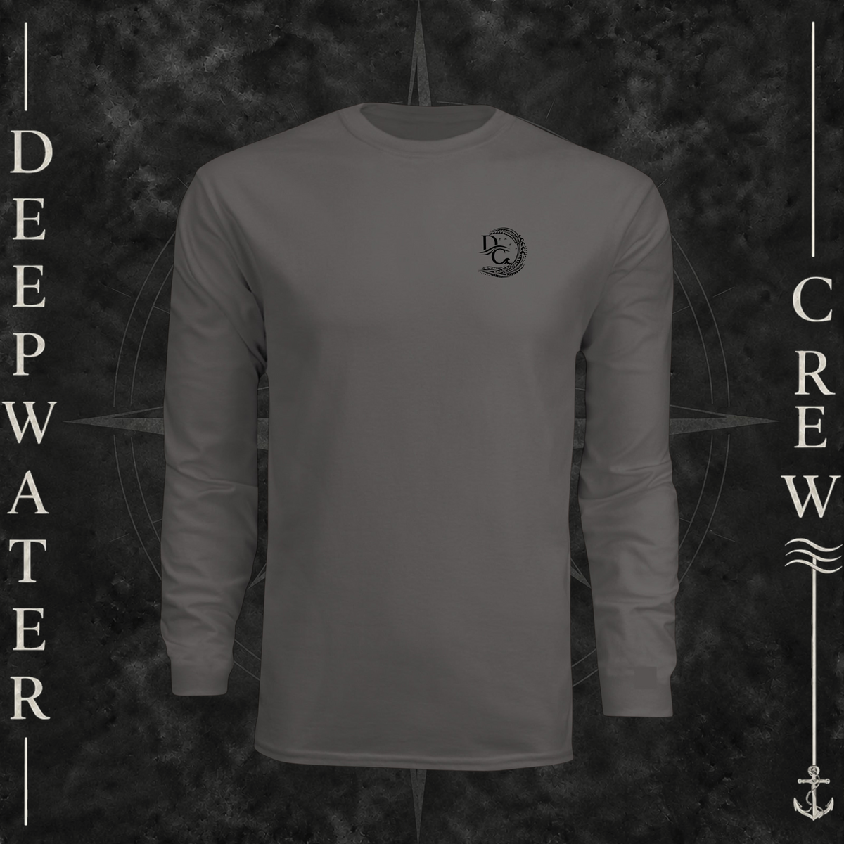 Graphite Deepwater Crew Co. Hooked UPF 44+ long-sleeve performance shirt, front view with small DC wave crest chest logo.