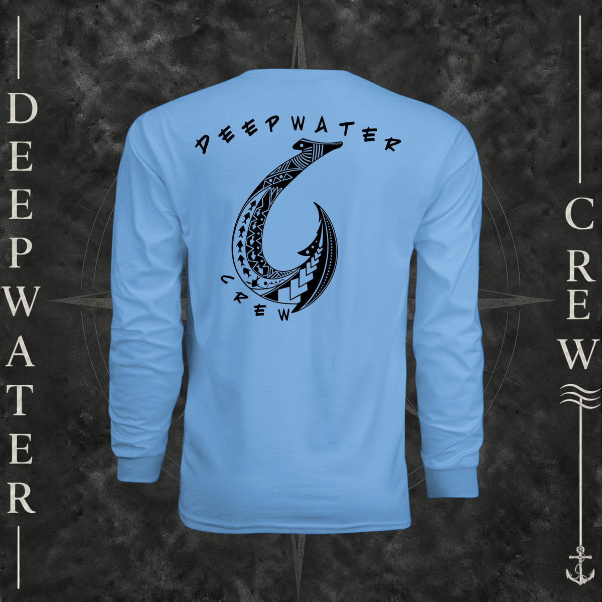 Light Blue Deepwater Crew Co. Hooked UPF 44+ long-sleeve performance shirt, back view with large tribal-style fish hook graphic and Deepwater Crew lettering.