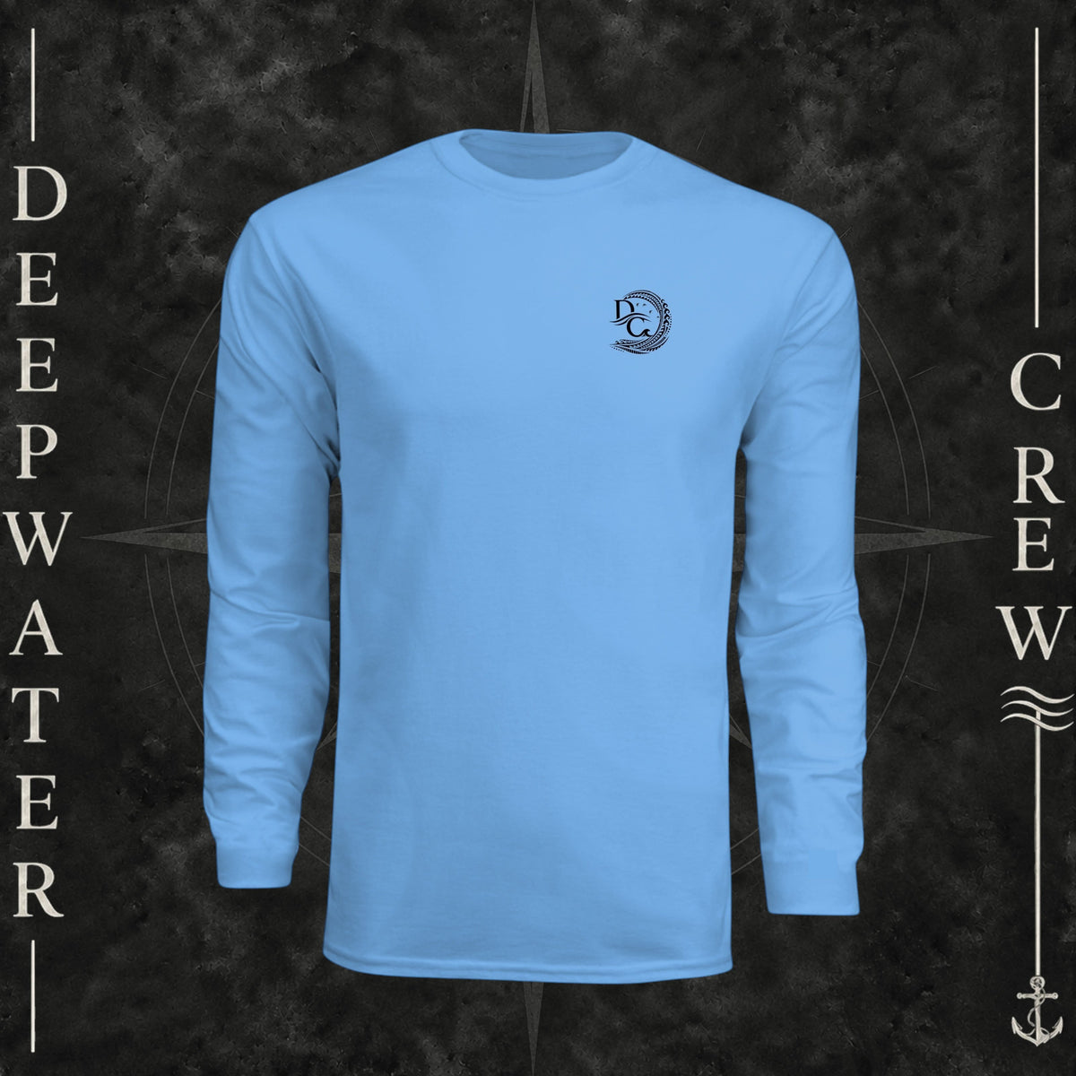 Light Blue Deepwater Crew Co. Hooked UPF 44+ long-sleeve performance shirt, front view with small DC wave crest chest logo.
