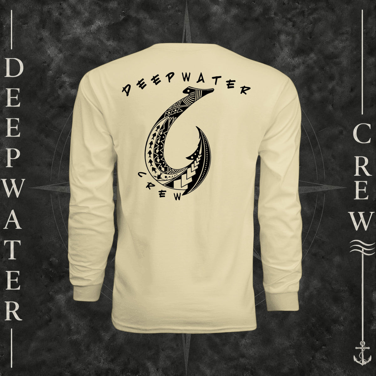 Light Yellow Deepwater Crew Co. Hooked UPF 44+ long-sleeve performance shirt, back view with large tribal-style fish hook graphic and Deepwater Crew lettering.