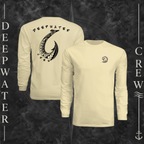 Light Yellow Deepwater Crew Co. Hooked UPF 44+ long-sleeve performance shirt showing front and back views, with small DC wave crest chest logo and large tribal-style fish hook graphic with Deepwater Crew lettering.