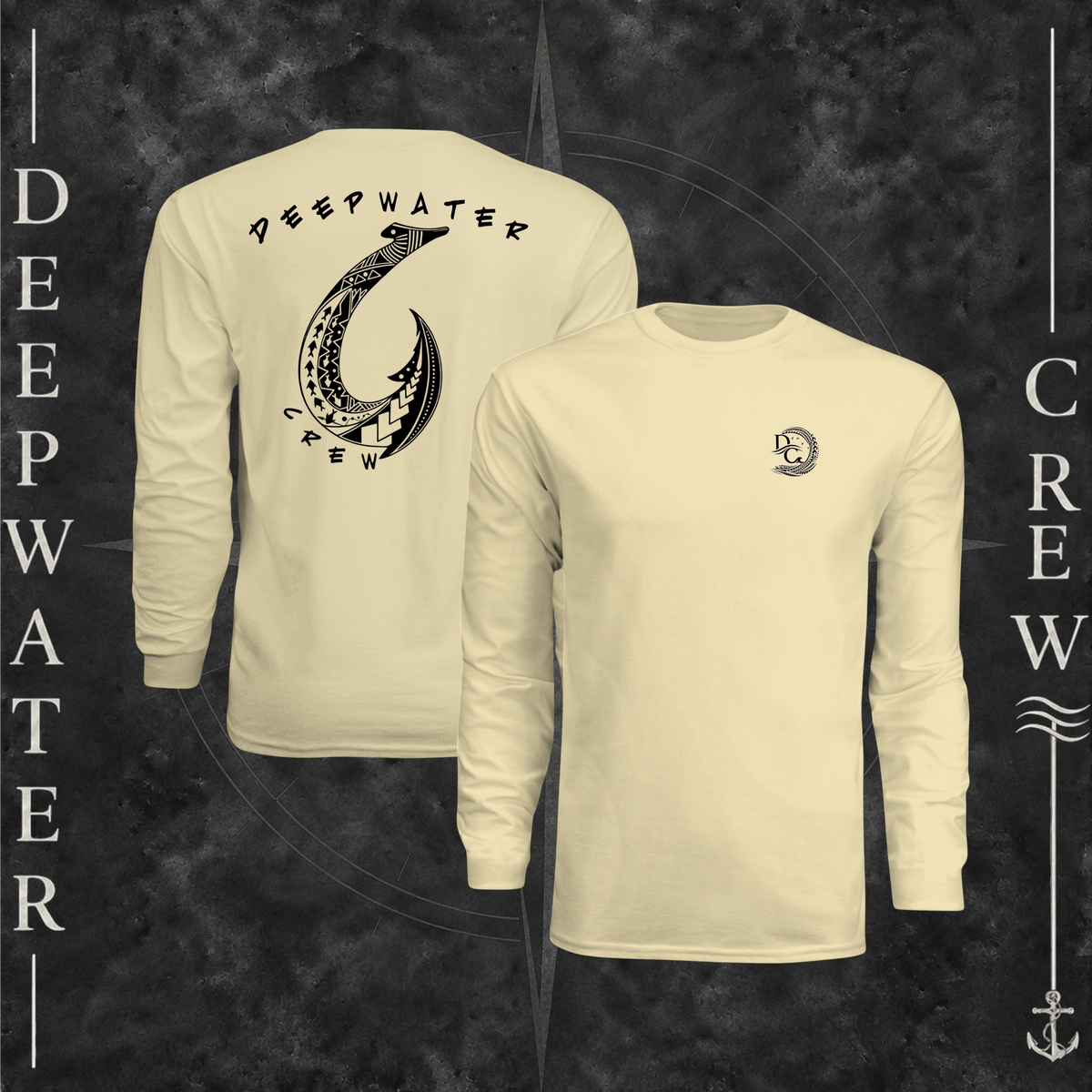 Light Yellow Deepwater Crew Co. Hooked UPF 44+ long-sleeve performance shirt showing front and back views, with small DC wave crest chest logo and large tribal-style fish hook graphic with Deepwater Crew lettering.
