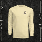 Light Yellow Deepwater Crew Co. Hooked UPF 44+ long-sleeve performance shirt, front view with small DC wave crest chest logo.