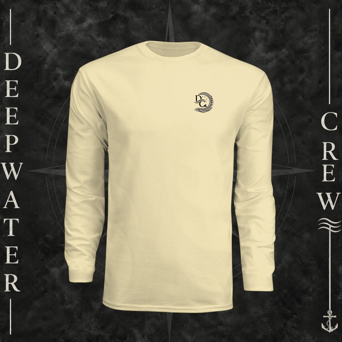Light Yellow Deepwater Crew Co. Hooked UPF 44+ long-sleeve performance shirt, front view with small DC wave crest chest logo.
