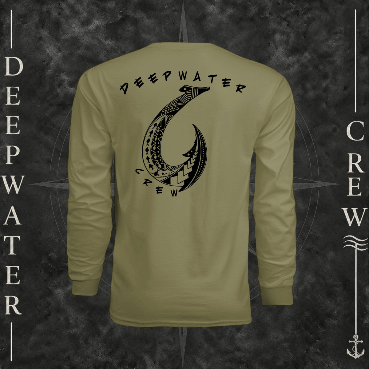 Olive Deepwater Crew Co. Hooked UPF 44+ long-sleeve performance shirt, back view with large tribal-style fish hook graphic and Deepwater Crew lettering.