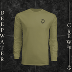 Olive Deepwater Crew Co. Hooked UPF 44+ long-sleeve performance shirt, front view with small DC wave crest chest logo.