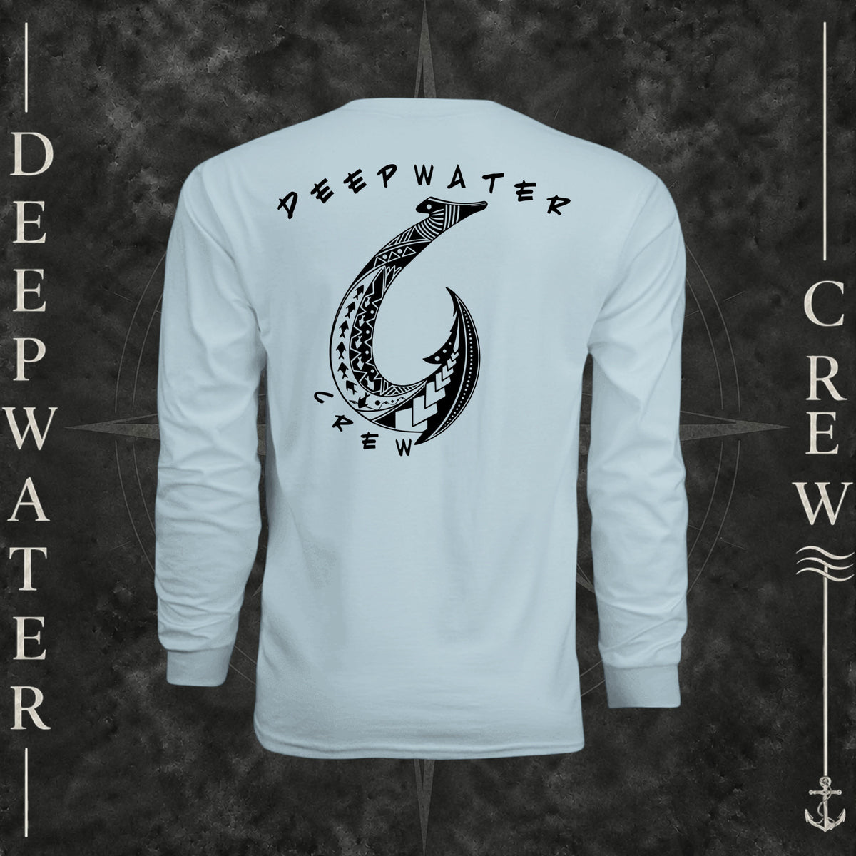 Pastel Blue Deepwater Crew Co. Hooked UPF 44+ long-sleeve performance shirt, back view with large tribal-style fish hook graphic and Deepwater Crew lettering.