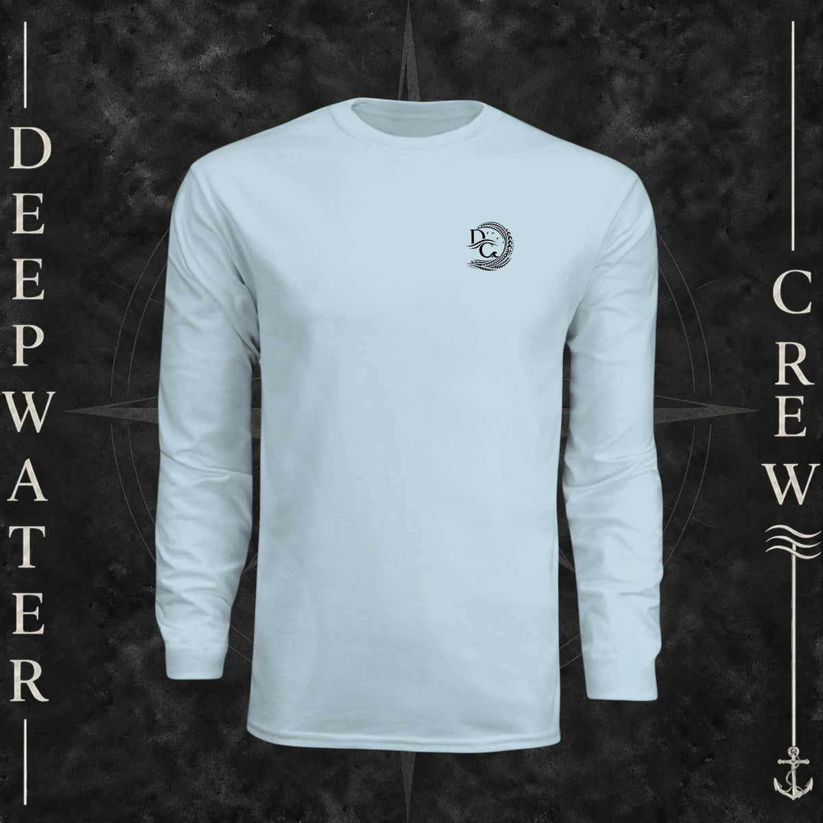 Pastel Blue Deepwater Crew Co. Hooked UPF 44+ long-sleeve performance shirt, front view with small DC wave crest chest logo.