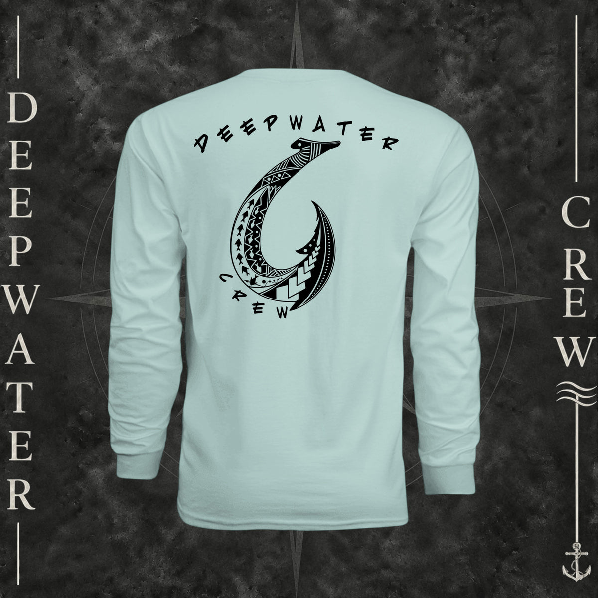 Pastel Mint Deepwater Crew Co. Hooked UPF 44+ long-sleeve performance shirt, back view with large tribal-style fish hook graphic and Deepwater Crew lettering.
