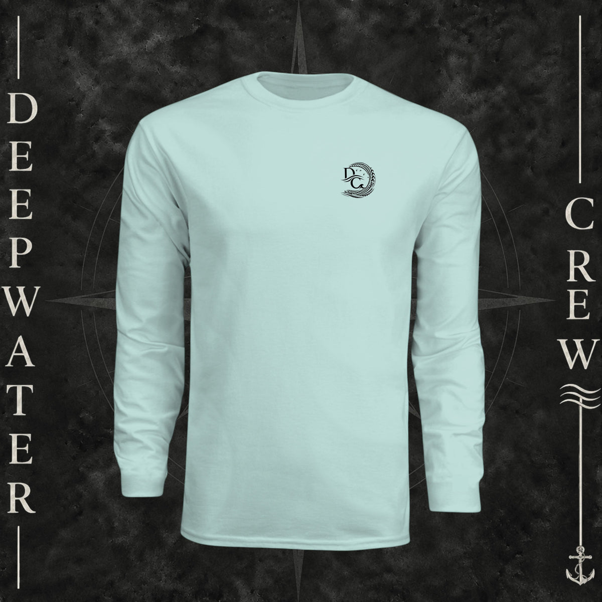 Pastel Mint Deepwater Crew Co. Hooked UPF 44+ long-sleeve performance shirt, front view with small DC wave crest chest logo.