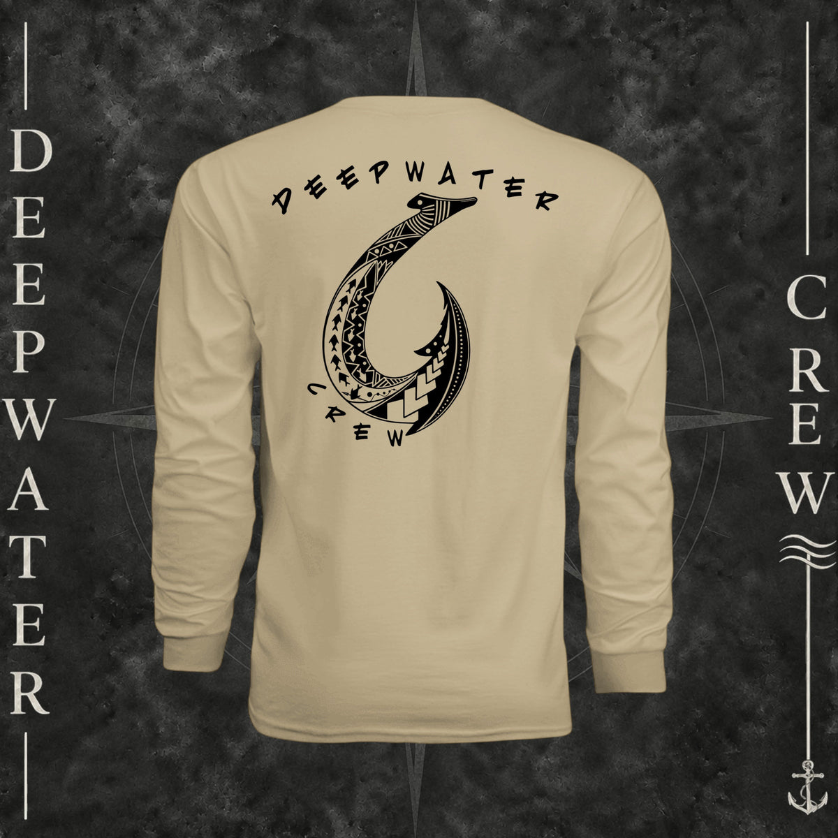 Sand Deepwater Crew Co. Hooked UPF 44+ long-sleeve performance shirt, back view with large tribal-style fish hook graphic and Deepwater Crew lettering.