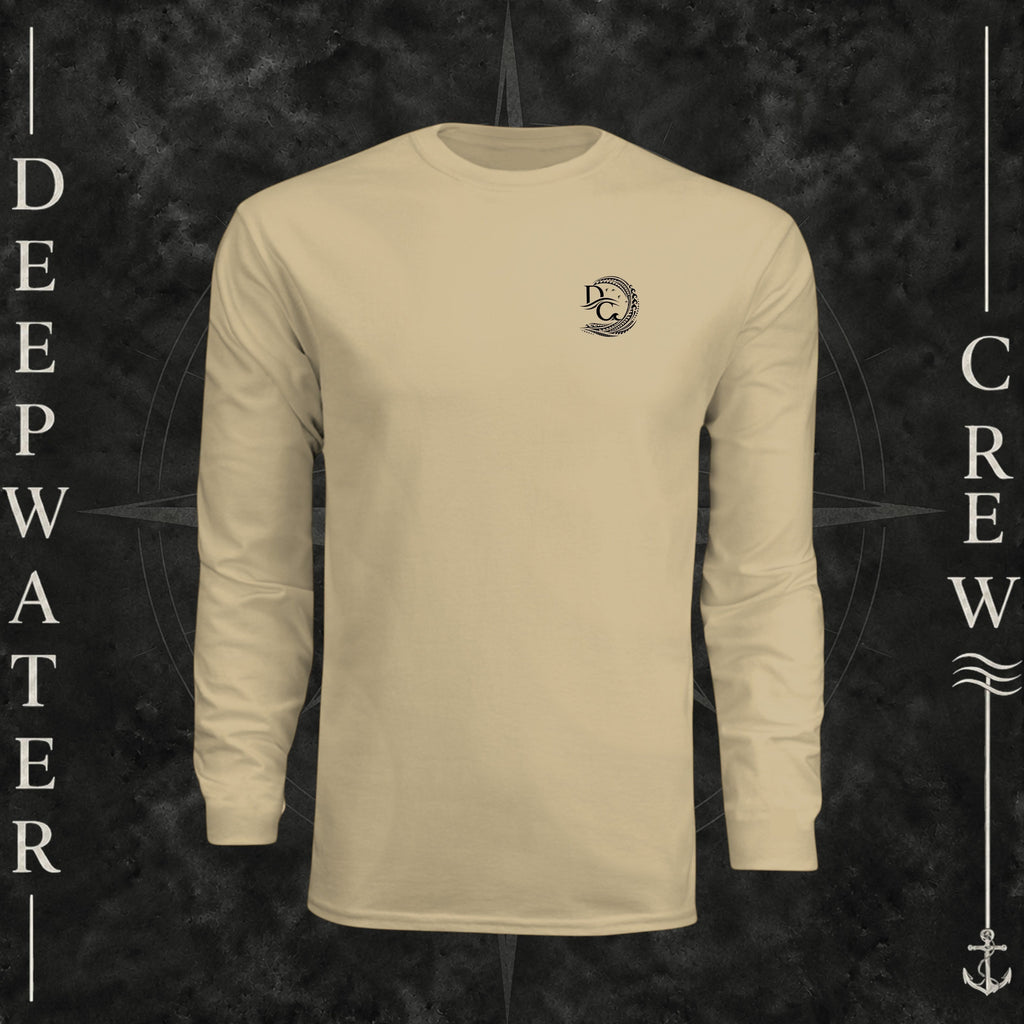 Sand Deepwater Crew Co. Hooked UPF 44+ long-sleeve performance shirt, front view with small DC wave crest chest logo.