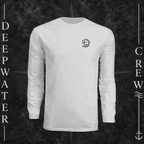 Silver Deepwater Crew Co. Hooked UPF 44+ long-sleeve performance shirt, front view with small DC wave crest chest logo.