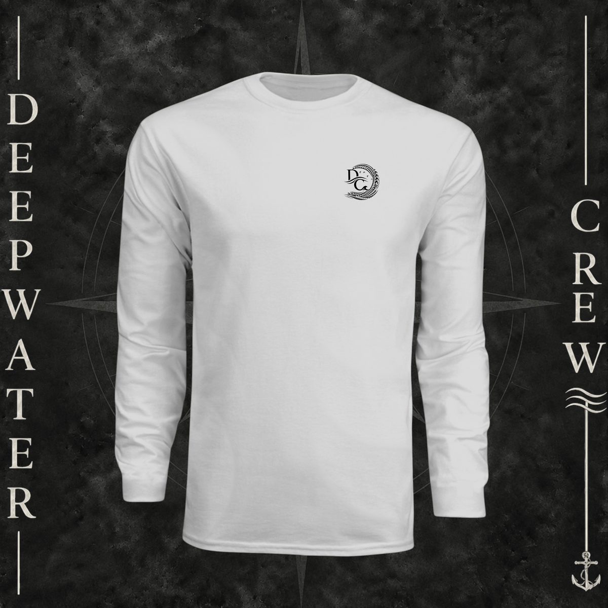 Silver Deepwater Crew Co. Hooked UPF 44+ long-sleeve performance shirt, front view with small DC wave crest chest logo.