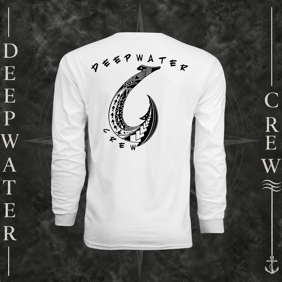 White Deepwater Crew Co. Hooked UPF 44+ long-sleeve performance shirt, back view with large tribal-style fish hook graphic and Deepwater Crew lettering.