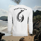 White Deepwater Crew Co. Hooked UPF 44+ long-sleeve performance shirt, back view with black Hooked graphic.