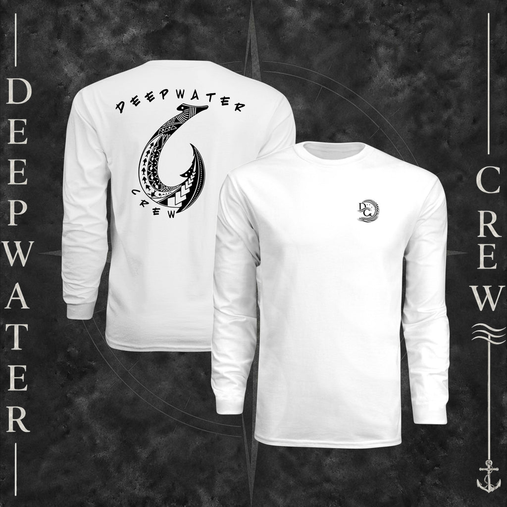 White Deepwater Crew Co. Hooked UPF 44+ long-sleeve performance shirt showing front and back views, with small DC wave crest chest logo and large tribal-style fish hook graphic with Deepwater Crew lettering.