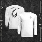 White Deepwater Crew Co. Hooked UPF 44+ long-sleeve performance shirt showing front and back views, with small DC wave crest chest logo and large tribal-style fish hook graphic with Deepwater Crew lettering.