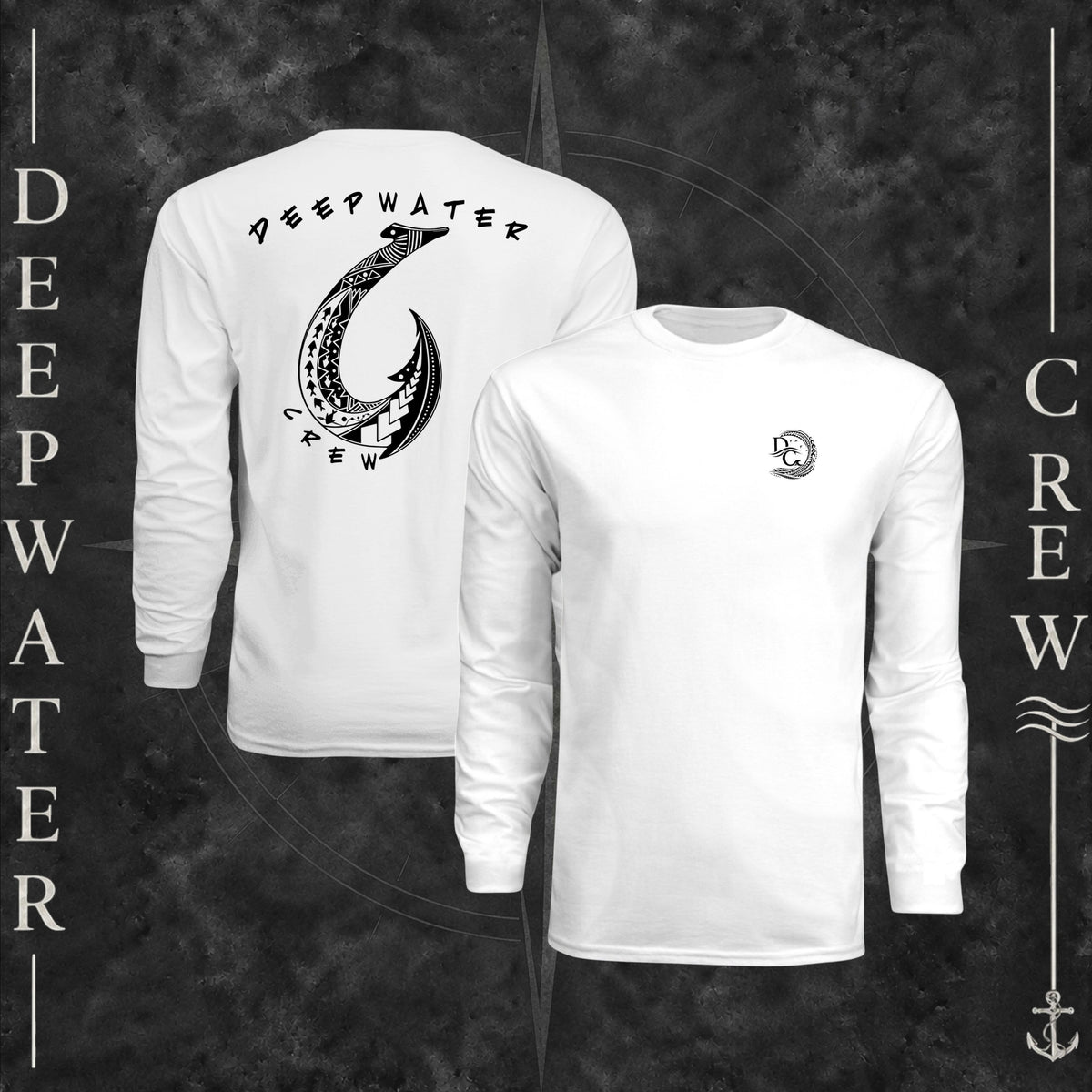 White Deepwater Crew Co. Hooked UPF 44+ long-sleeve performance shirt showing front and back views, with small DC wave crest chest logo and large tribal-style fish hook graphic with Deepwater Crew lettering.