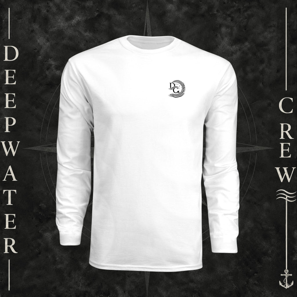 White Deepwater Crew Co. Hooked UPF 44+ long-sleeve performance shirt, front view with small DC wave crest chest logo.
