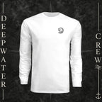 White Deepwater Crew Co. Hooked UPF 44+ long-sleeve performance shirt, front view with small DC wave crest chest logo.