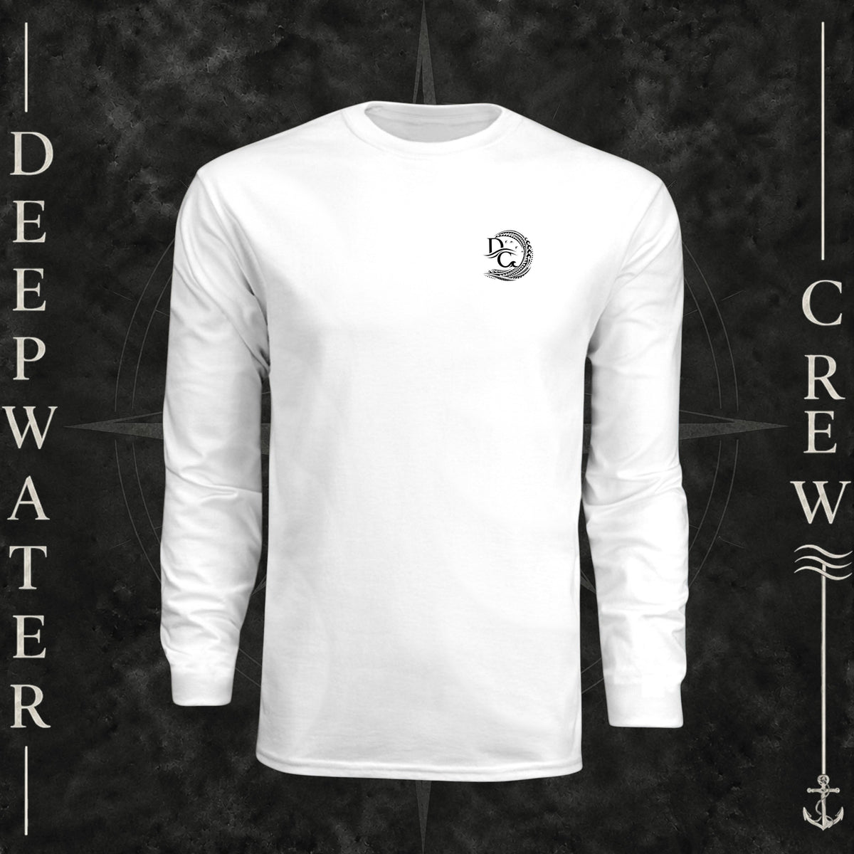 White Deepwater Crew Co. Hooked UPF 44+ long-sleeve performance shirt, front view with small DC wave crest chest logo.